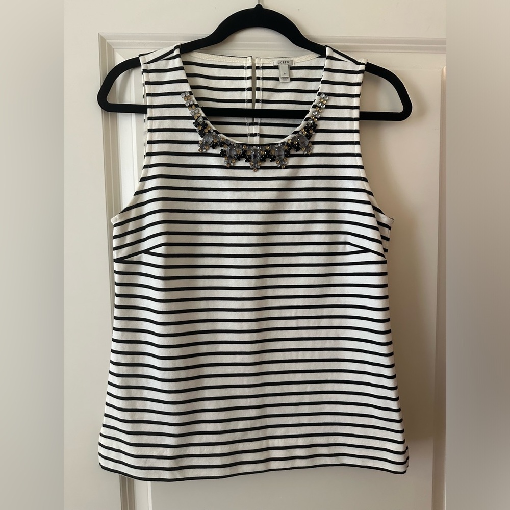 J Crew Striped Shell Embellished Neckline